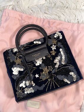 Radley • Celestial Stars Silk & Leather Top Handle Beaded Purse